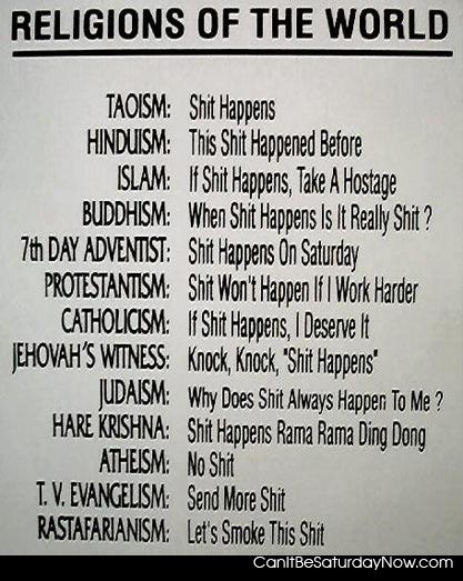 Religions of the world - There views on shit are funny.